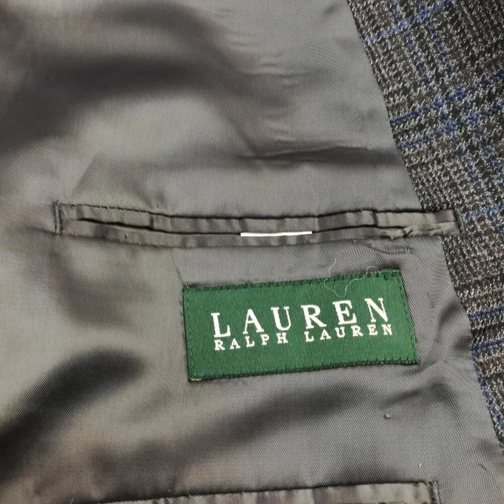 Ralph Lauren Sport Coat 60R Flannel Wool Glen Plaid Gray Brown Blue